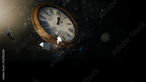Time clock breaking in flying pieces on black background. 3D rendering