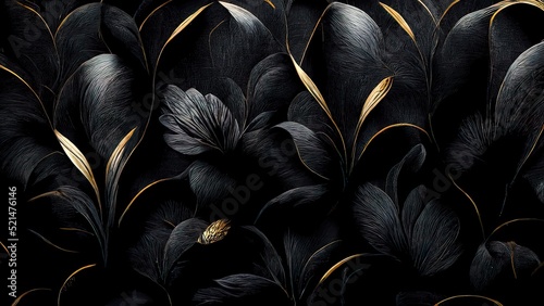 Black luxury cloth, silk satin velvet, with floral shapes, gold threads, luxurious wallpaper, elegant abstract design