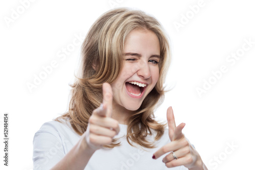 Laughing teenage girl in a white T-shirt. Activity and positive. Isolated on white background. Close-up.