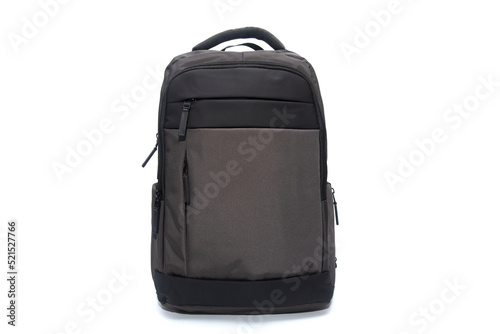 Brown and black backpack on a white background. Front view.