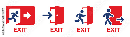 Emergency exit icon vector set. Evacuation sign for safety with people running, door and arrow symbol illustration.