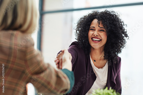 Handshake with a happy, confident and excited business woman or human resources manager and a female colleague, partner or employee. An agreement, deal or meeting with a coworker in the boardroom