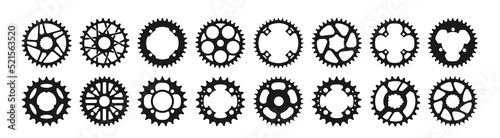Vector set of bicycle stars. A profiled wheel with teeth that engages with a chain. The transmission of the bike