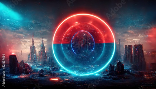 Futuristic neon blue portal to another world on a futuristic city background. A circular portal to another world. 3d artwork