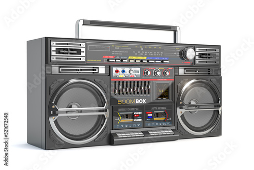 Retro ghetto blaster boombox, radio and audio tape recorder isolated on white.
