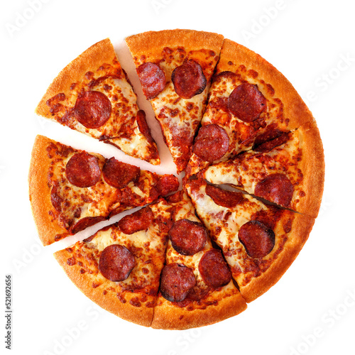 Classic pepperoni pizza with cut slices isolated on a white background