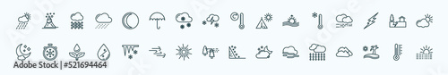 special lineal weather icons set. outline icons such as rainy day, waning moon, degree, cold, earthquake, freezing, icicle, patchy fog, foggy, subtropical climate, thermometer line icons.