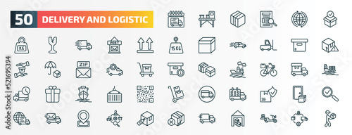 set of 50 special lineal delivery and logistic icons. outline icons such as delivery day, package checking, side up, delivery containers, tings, by bike, ship by sea, schedule, express mail, line