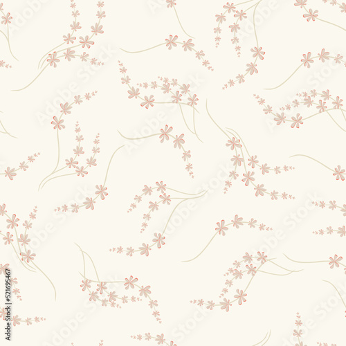 Vector floral seamless texture. Background with thin small gently green branches and flowers on a warm beige background. Liberty style wallpaper. Elegant repeating design for decor, fabric, print