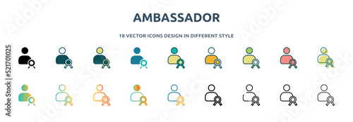 ambassador icon in 18 different styles such as thin line, thick line, two color, glyph, colorful, lineal color, detailed, stroke and gradient. set of ambassador vector for web, mobile, ui