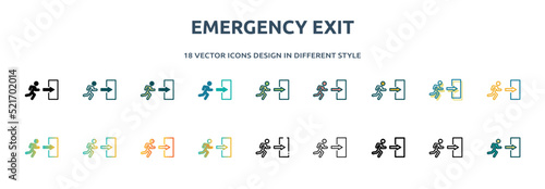 emergency exit icon in 18 different styles such as thin line, thick line, two color, glyph, colorful, lineal color, detailed, stroke and gradient. set of emergency exit vector for web, mobile, ui