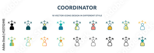 coordinator icon in 18 different styles such as thin line, thick line, two color, glyph, colorful, lineal color, detailed, stroke and gradient. set of coordinator vector for web, mobile, ui