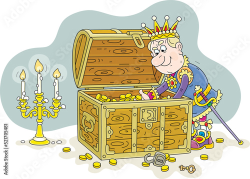 Greedy king counting gold coins in a chest from his royal treasury, vector cartoon illustration isolated on a white background