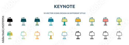 keynote icon in 18 different styles such as thin line, thick line, two color, glyph, colorful, lineal color, detailed, stroke and gradient. set of keynote vector for web, mobile, ui