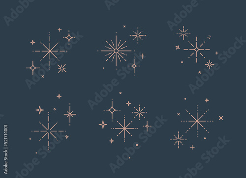 Clink splashes, stars, glowing in flat line art deco style drawing on blue background