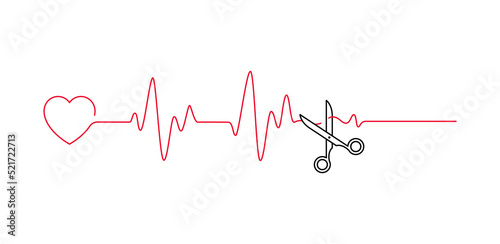 Heart beat pulse line cut off scissors vector illustration. Concept end of life outline style