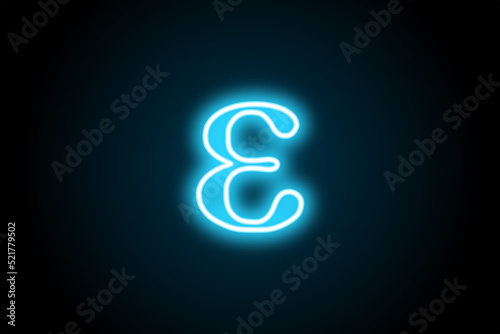 Greek alphabet epsilon glowing neon symbol sign on black background 