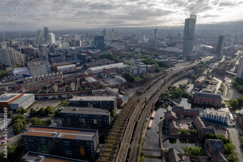 Manchester City Centre Drone Aerial View Above Building Work Skyline Construction Blue Sky Summer Beetham Tower Apartments Estate Agent