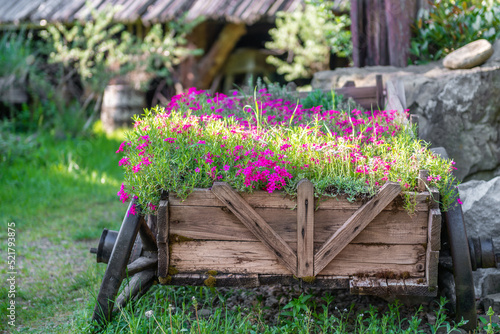 drewniany wóz z kwiatami w ogrodzie