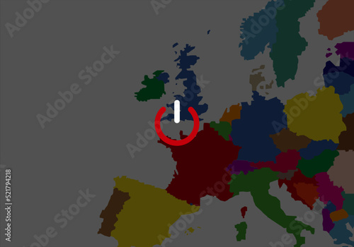 Ahorro energético en Europa. Botón rojo de apagado sobre el mapa de Europa