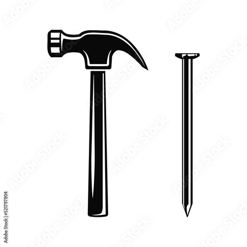 Claw Hammer and Nail, Carpenters hammer and metal nail vector illustration