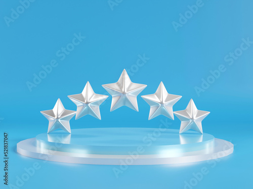 Five metallic silver stars on podium with blue background. Stand to show products. Stage showcase with modern scene platform for presentation. Pedestal display. 3D rendering.
