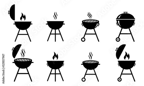 Set of grill vector icons. BBQ with lattice. Barbecue with cover and smoke. Black silhouette BBQ grill. Cook on backyard.