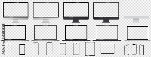 Realistic mock up set computer, laptop, tablet and phone. Device screen mockup collection. Mock up computer, laptop, tablet, phone. Vector illustration EPS 10