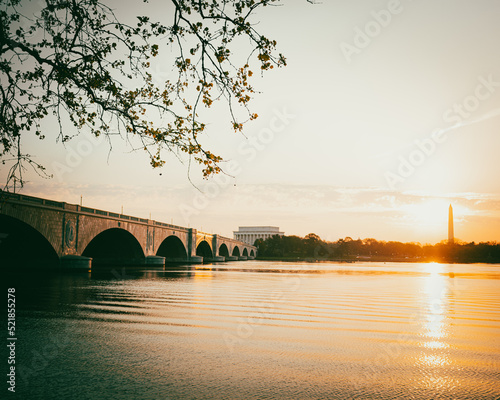 Lincoln Memorial with Arlington Memorial Bridge and Potomac river at dawn, Washington DC