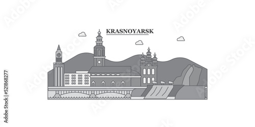 Russia, Krasnoyarsk city skyline isolated vector illustration, icons