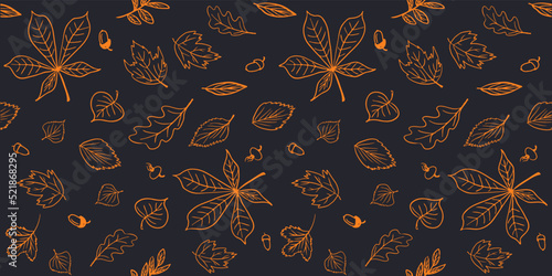 Autumn leaves dark seamless pattern. Oak, birch, chestnut, linden, rowan, rosehip, elm vector fall leaves on blue background for infographic, wallpaper, package, textile design.