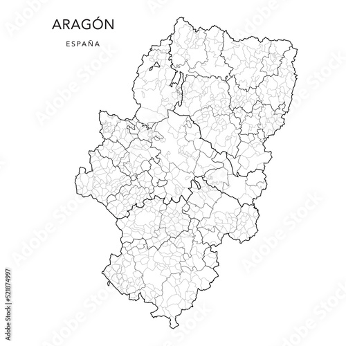 Geopolitical Vector Map of the Autonomous Community of Aragon (Aragón) with Provinces, Judicial Areas, Comarques and Municipalities (Municipios) as of 2022 - Spain