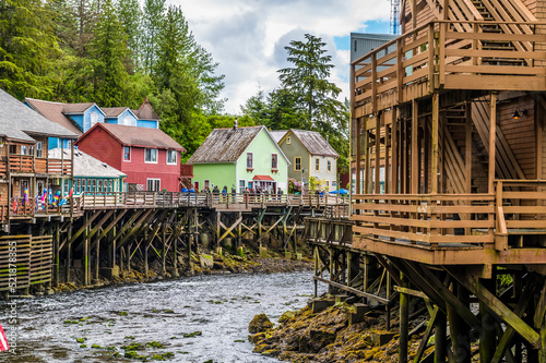 A view from a walkway towards the stilted buildings along the Creek in Ketchikan, Alaska in summertime