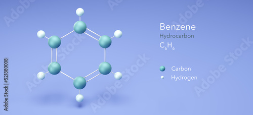 benzene, aromatic hydrocarbon. molecular structures, 3d rendering, Structural Chemical Formula and Atoms with Color Coding