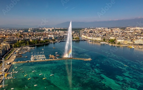 Aerial shot of the Jet d'Eau fountain in Geneva, Switzerland