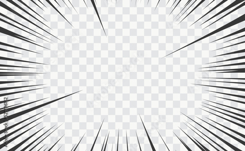 Comic manga transparent background, explosion or anime motion speed lines, vector effect. Cartoon manga movement action and radial rays on transparent background for burst flash and comic book frame