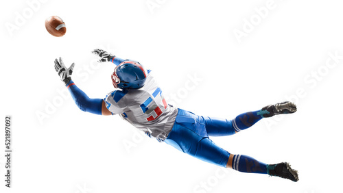 American football. Player catches the ball and flies in the air. Back view. Sportsman in action. Isolated on white background