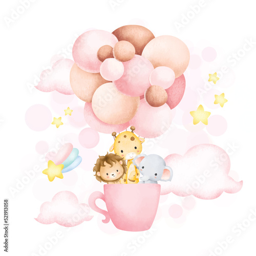 Watercolor Illustration cute safari animals in cup and balloons