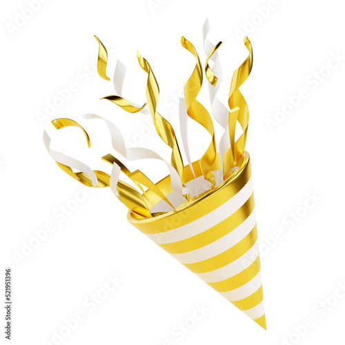 Golden party popper with flying confetti 3d render illustration. Gold firecracker explodes with serpentine for surprise or winner concept - birthday and anniversary banner with cone popper.