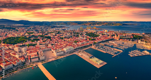 Splendid summer view from flying drone of Trieste, Italy, Europe. Aerial seascape of Adriatic sea. Traveling concept background.