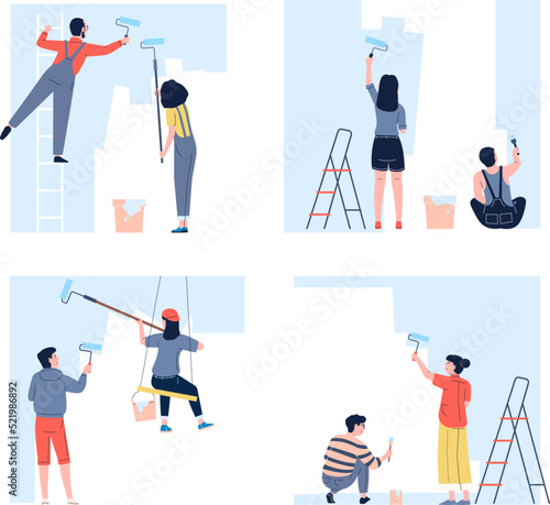 House wall painting. People home decorating with paint, renovation flat and apartments. Professional painters, repair workers recent vector scenes