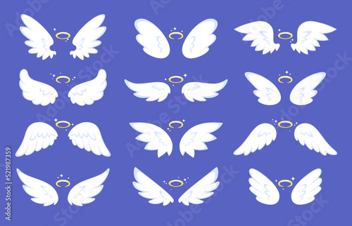 Cartoon angel wings. Drawing wing with halo, cute shining winged collection. Angels or birds, holy flying elements. Racy abstract nimbus vector set