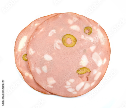 Slices of Sausage Mortadella with olives isolated on white background. Thin slices of mortadella ham. 