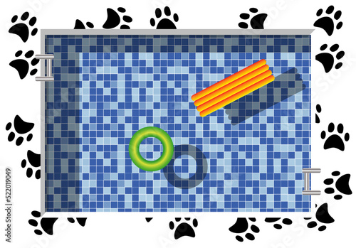 Vista aérea de piscina con estampado de huellas de oso negras en su borde, fondo de teselas en tonos azules, y un flotador verde y una colchoneta naranja y amarilla.. Verano en la piscina