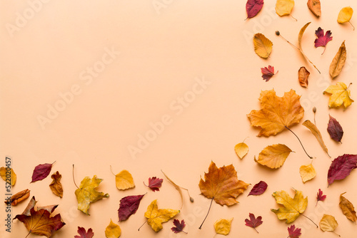 Autumn composition. Pattern made of dried leaves and other design accessories on table. Flat lay, top view