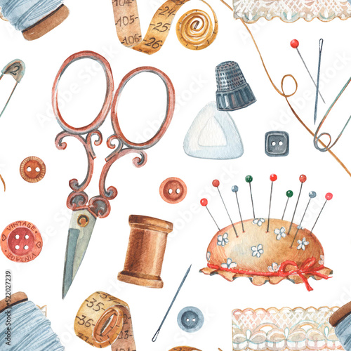 Watercolor seamless vintage pattern for sewer with equipment. Sewing art with needles, pins, buttons for textile and packs. Tools for fashion designer.