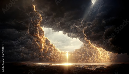 A stormy dark sky with black clouds and sparkling lightning from behind which the sun and direct sunlight are visible. 3d render