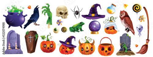 Halloween object sticker set, tombstone, vector spooky party badge kit, funny pumpkin, eye. Cartoon scary zombie hand, holiday sweets, witch hat, magic potion cauldron. Halloween object UI game icon.