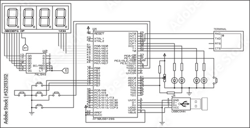 The vector electrical schematic diagram of a digital usb information output device, operating under the control of an ATmega microcontroller. Vector drawing of an electronic device in a1 format.