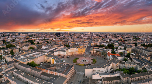 Lodz city during sunset aerial view - Poland